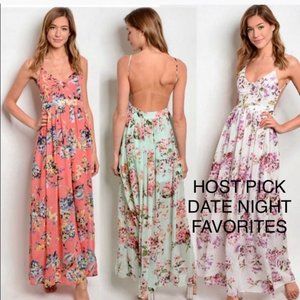 FLORAL CHIFFON BACKLESS MAXI DRESS PEACH BLUE FLORAL